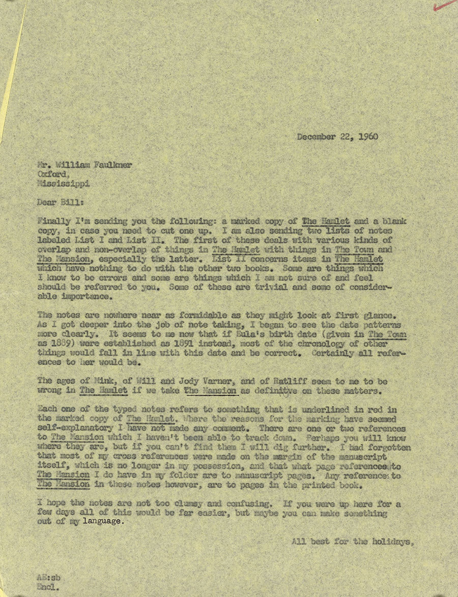 Letter, Erksine to Faulkner, 22 December 1960