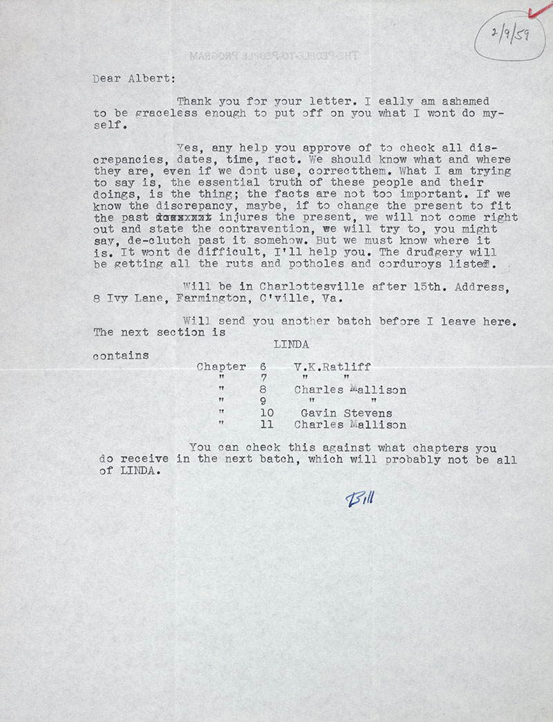 Letter, Faulkner to Erksine, c9 February 1959