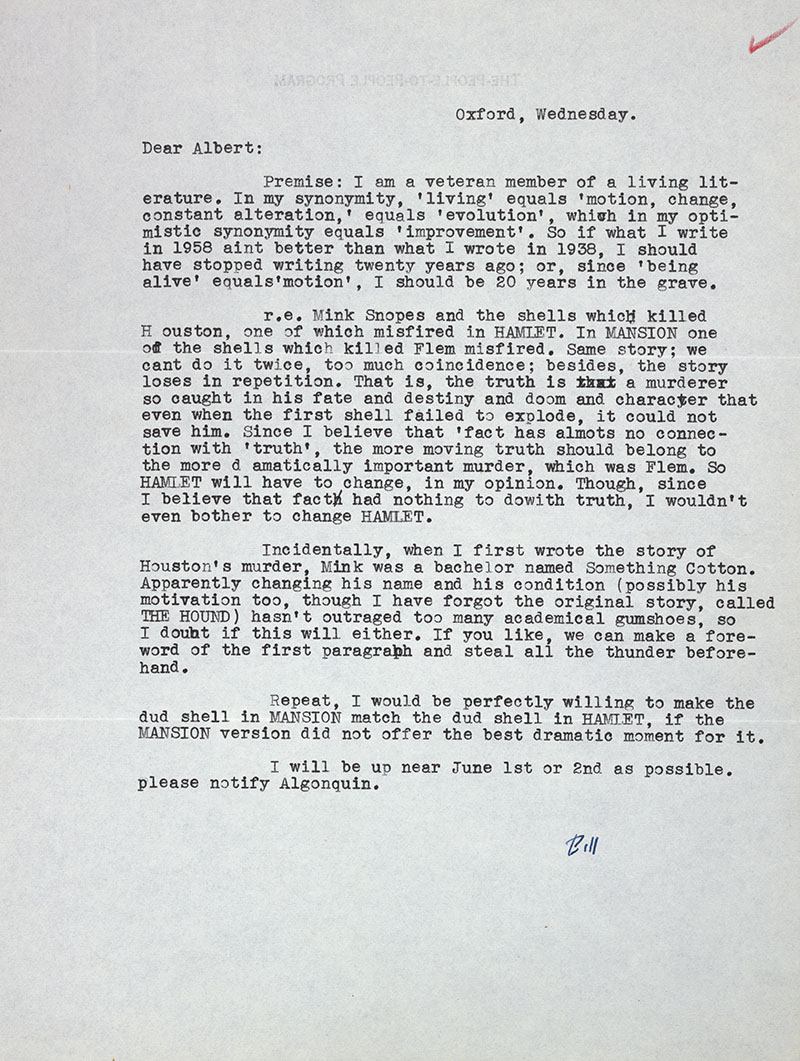 Letter, Faulkner to Erksine, c7 May 1959
